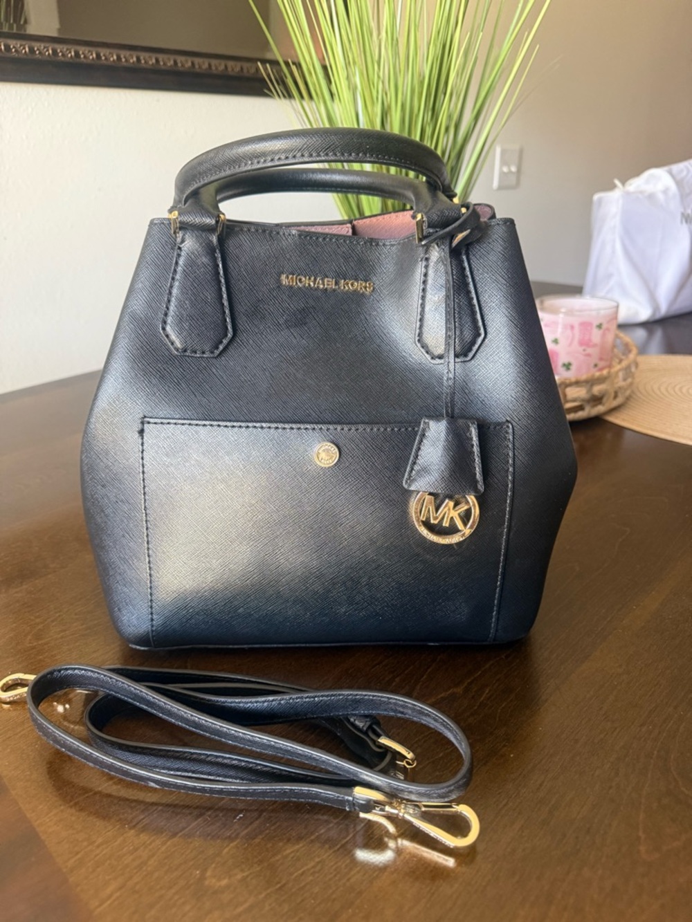 Michael Kors Black Saffiano Leather Satchel with Gold MK Charm